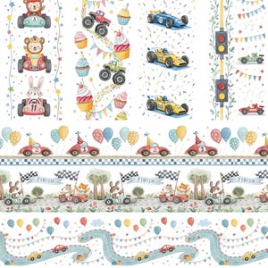 Nahtlose Rennwagen-Rahmen-Clipart, Little Racer Geburtstagsränder, Aquarell-Rennwagen-Muster, Jungengeburtstag, vertikale und horizontale Ränder