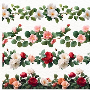 Puede incluir: Diseños de bordes florales en acuarela con rosas en varios colores: blanco, rosa, rojo y melocotón. Las rosas están acompañadas de hojas y tallos verdes, creando una estética natural y elegante. Perfecto para invitaciones, tarjetas u otros proyectos de diseño.