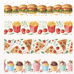 May include: Watercolor illustration of various fast food items. The image features burgers, french fries, pizza slices, and cupcakes. The food items are arranged in horizontal rows with a white background.