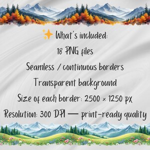 Puede incluir: Arte digital con bordes de monta&ntilde;as y bosques en acuarela. La imagen incluye texto que dice: "What's included: 18 archivos PNG, bordes continuos, fondo transparente, 2500 x 1250 px, 300 DPI calidad de impresi&oacute;n."