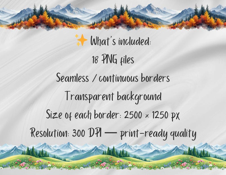 Puede incluir: Arte digital con bordes de monta&ntilde;as y bosques en acuarela. La imagen incluye texto que dice: "What's included: 18 archivos PNG, bordes continuos, fondo transparente, 2500 x 1250 px, 300 DPI calidad de impresi&oacute;n."