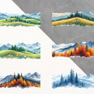 Puede incluir: Impresiones art&iacute;sticas de paisajes en acuarela con colinas verdes, flores silvestres y monta&ntilde;as majestuosas. Las impresiones muestran diversas escenas, incluyendo praderas exuberantes y bosques oto&ntilde;ales, con una est&eacute;tica serena y natural.