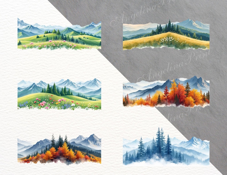 Puede incluir: Impresiones art&iacute;sticas de paisajes en acuarela con colinas verdes, flores silvestres y monta&ntilde;as majestuosas. Las impresiones muestran diversas escenas, incluyendo praderas exuberantes y bosques oto&ntilde;ales, con una est&eacute;tica serena y natural.