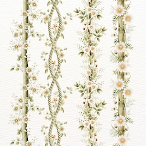 Peut inclure: Illustration à l'aquarelle de quatre bordures florales verticales. Les bordures présentent des fleurs blanches, des feuilles vertes et des tiges brunes. Une bordure a un motif de corde. Le fond est blanc texturé.