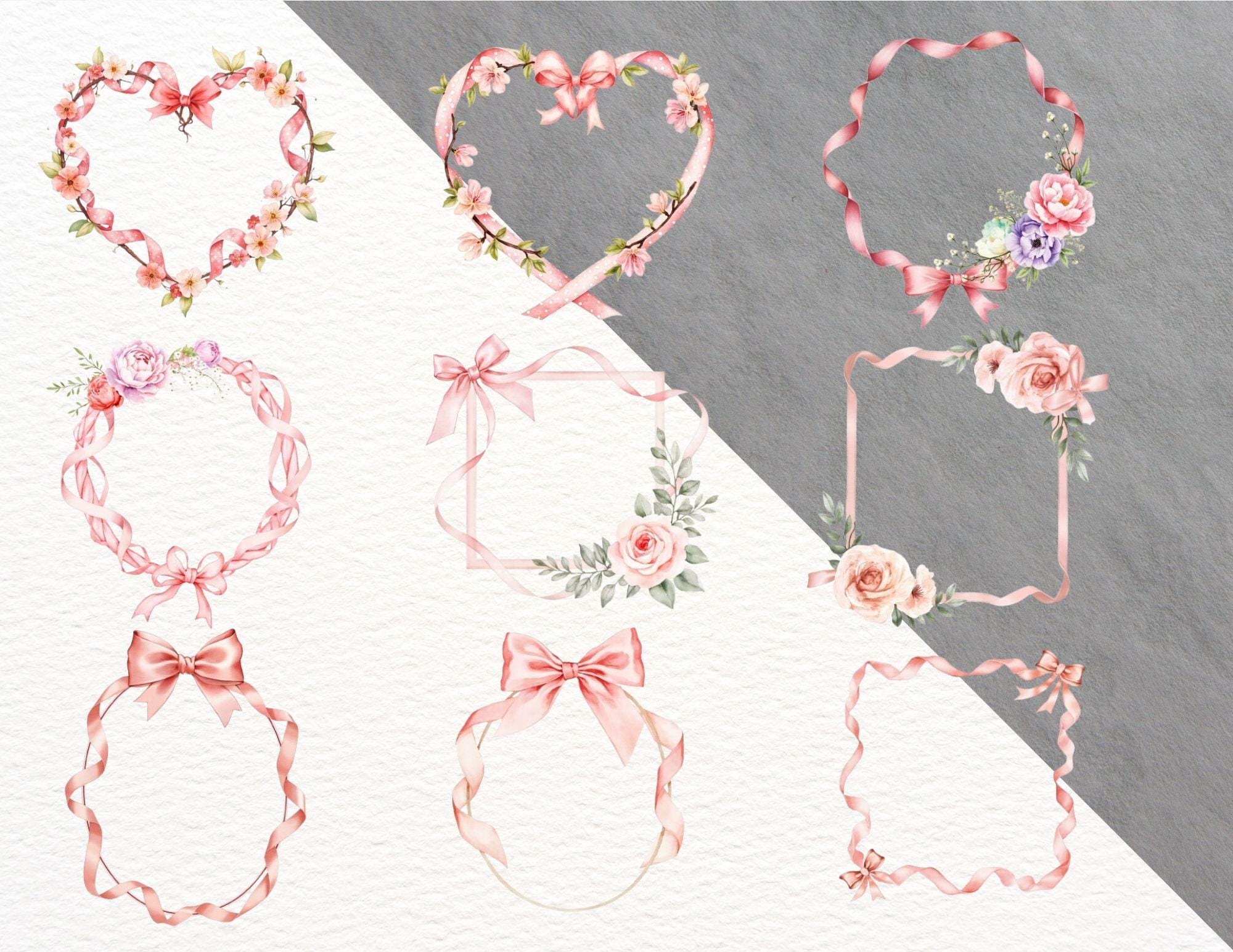 Pink Ribbon , Bow Clipart Set – 26 Watercolor Pink Floral Frames ...