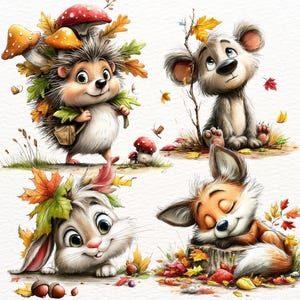 May include: A digital illustration featuring four woodland animals in an autumn setting: a hedgehog carrying mushrooms and leaves, a small bear looking upward, a rabbit with leaves on its head, and a fox sleeping on a tree stump with fallen leaves.