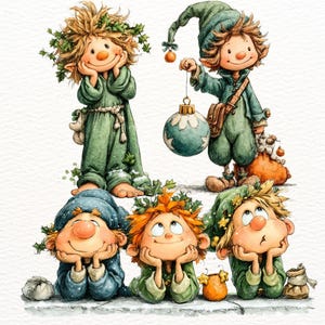 May include: Watercolor illustration of five whimsical elf-like characters. Two stand, one holding a Christmas ornament, and three are seated, all with cheerful expressions. The elves wear green and blue outfits with leaf accents, suggesting a festive theme.