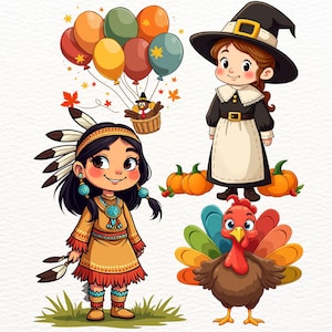 Puede incluir: Ilustración con temática de Acción de Gracias con una niña nativa americana, una niña peregrina y un pavo. La niña nativa americana lleva un vestido y un tocado tradicionales. La niña peregrina lleva un vestido y un sombrero negros. También hay globos y calabazas.