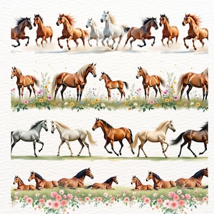 May include: A digital illustration featuring multiple rows of horses in various poses. Some horses are running, others are standing in fields of flowers, and some are lying down. The horses are in shades of brown, white, and black.