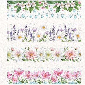 Peut inclure: Bordures florales à l'aquarelle avec diverses fleurs, notamment des fleurs blanches, des marguerites, des marguerites roses et blanches, de la lavande et des crocus roses. Chaque motif comprend des feuilles vertes et des gouttes d'eau.