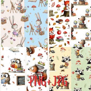 May include: A digital pattern collection featuring illustrations of rabbits painting, foxes reading books, owls with glasses, and raccoons with school supplies, interspersed with mushrooms, autumn leaves, globes, and books on light-coloured backgrounds.