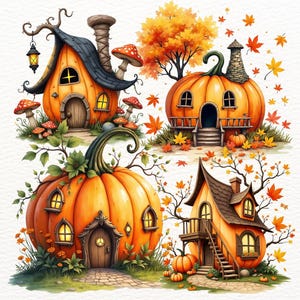 以下が含まれることがあります： 4つの気まぐれなカボチャの家の水彩イラスト。各家には、アーチ型のドア、煙突、窓など、ユニークな建築的詳細があります。このシーンは、色とりどりの葉とカボチャのある秋の風景の中に設定されています。