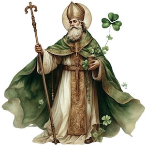 Può includere: Un dipinto di San Patrizio, una figura religiosa, che indossa una veste verde e una mitra. Tiene uno scettro e una coppa in mano. Ci sono trifogli sullo sfondo.
