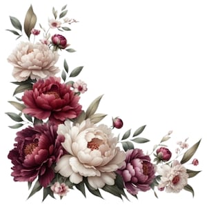 15 cornici di peonia bordeaux e rosa - Clipart floreale ad acquerello, bordo floreale, clipart digitale peonia, fiori eleganti in stile boho