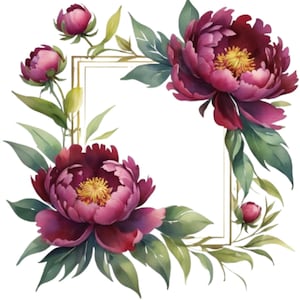 18+3 peonie bordeaux, cornici floreali ad acquerello e motivi senza soluzione di continuità, bouquet di peonie, clipart PNG, carta digitale, clipart di nozze