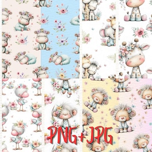May include: A collection of watercolor animal patterns featuring hippos, giraffes, zebras, elephants, ducks, monkeys, and lions. Each animal is adorned with floral crowns and surrounded by flowers. The background colors include pink, blue, white, yellow, and lavender.