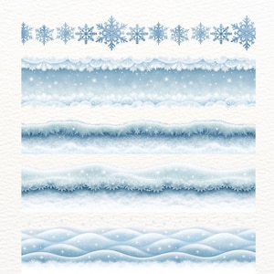 May include: A digital illustration featuring a winter theme with various icy blue and white borders. The design includes snowflakes, snow drifts, and wavy snow patterns, creating a cold, wintery aesthetic. The borders are set against a textured white background.