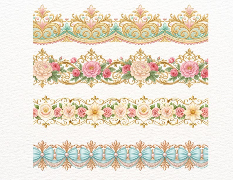 24 Seamless Rococo Borders, Floral Rococo Clipart, Elegant Vintage Frame, baroque frame, rococo design image 1