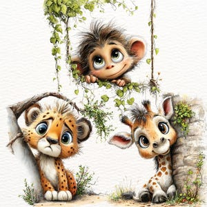 Op de afbeelding: Waterverfillustratie van drie schattige jungle dieren: een aap, een cheetah en een giraffe. De aap hangt aan een liaan, de cheetah zit bij een tak en de giraffe kijkt achter een stenen muur vandaan. Alle dieren hebben grote, expressieve ogen.