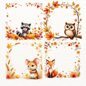 Peut inclure: Quatre illustrations à l'aquarelle d'animaux d'automne dans des cadres décoratifs. Un raton laveur avec des citrouilles, un hibou sur une branche, une souris avec une noix et un renard, le tout entouré de feuilles et de baies d'automne. Les cadres sont dans des tons orange, jaune et marron.