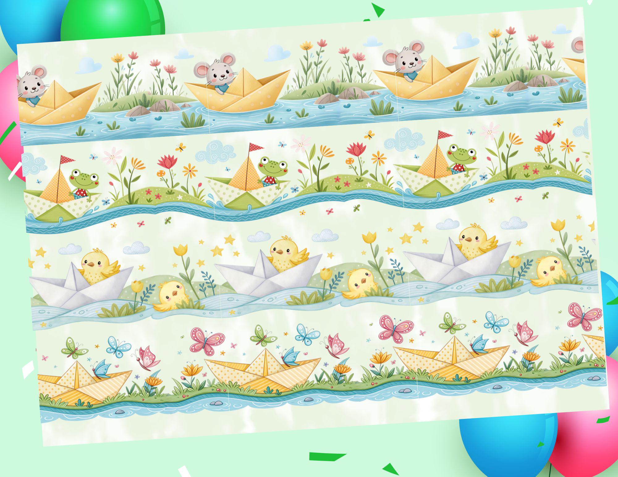 20 Cute Kids Seamless Borders | Cartoon Animals Paper Boat Duck Ladybug ...