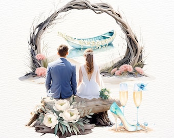 Set di clipart per matrimoni in spiaggia | 34 PNG per matrimoni estivi sulla costa | Illustrazioni nuziali ad acquerello | Elementi romantici per le nozze sull'oceano