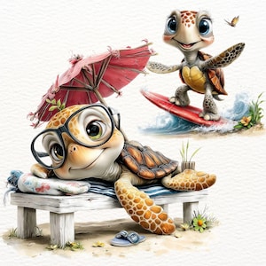 May include: A whimsical illustration of two cartoon turtles enjoying a beach day. One turtle relaxes on a beach chair under a red umbrella, wearing glasses. The other surfs on a red surfboard, with ocean waves and a butterfly.