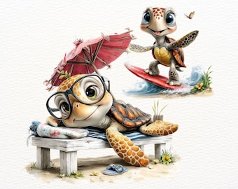 May include: A whimsical illustration of two cartoon turtles enjoying a beach day. One turtle relaxes on a white bench under a red umbrella, wearing glasses. The other surfs on a red surfboard, with ocean waves and a butterfly.