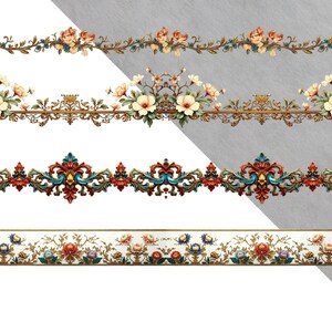 May include: A collection of decorative border designs featuring floral and ornate scrollwork elements. The designs include various color palettes, such as cream, gold, red, blue, and green, with detailed floral patterns and decorative accents.