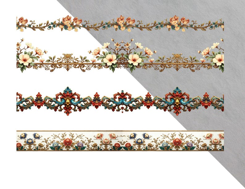 May include: A collection of decorative border designs featuring floral and ornate scrollwork elements. The designs include various color palettes, such as cream, gold, red, blue, and green, with detailed floral patterns and decorative accents.