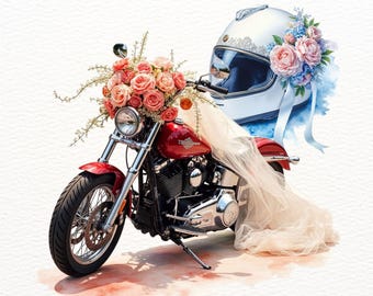 14 Biker Wedding Clipart PNG | Watercolor Floral Motorcycle Bride and Groom | Romantic Biker Wedding Illustrations | biker couple wedding