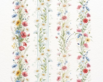 17 Seamless Vertical Floral Borders: Wildflower Watercolor Clipart, PNG, seamless borders, floral clipart, watercolor wildflowers