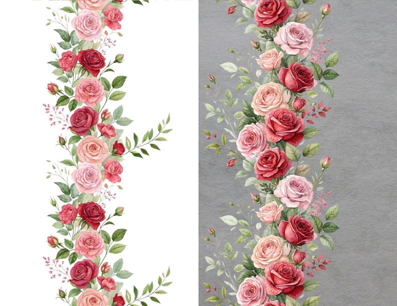 Vertical Roses Border Vertical Floral Border Clipart, Seamless Rose Frame, Watercolor Flowers ...