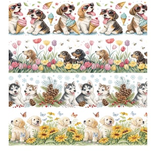 Cute Puppy Seamless Borders Clipart, Dog Lovers Clipart, 16 Horizontal Watercolor Dog Borders PNG, seamless dog edge, pet clipart border