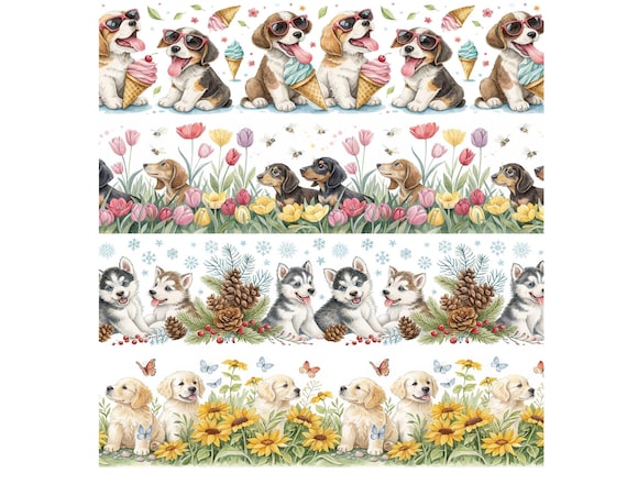 Cute Puppy Seamless Borders Clipart, Dog Lovers Clipart, 16 Horizontal Watercolor Dog Borders PNG, seamless dog edge, pet clipart border