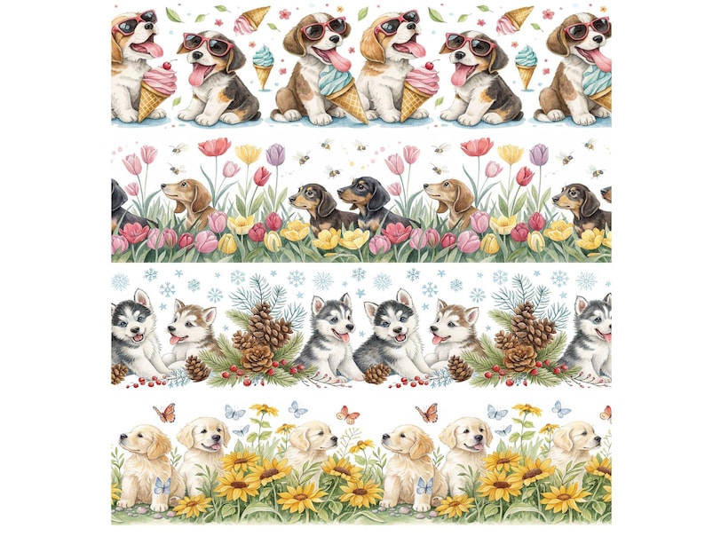 Puede incluir: Ilustraciones en acuarela de perros en varios entornos. La fila superior presenta cachorros beagle con gafas de sol y conos de helado. La segunda fila muestra perros salchicha entre flores. La tercera fila representa cachorros husky con pi&ntilde;as. La fila inferior muestra cachorros golden retriever.