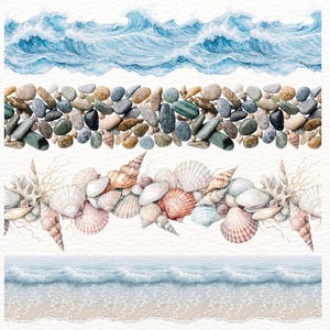 Könnte beinhalten: Aquarellillustrationen von Bordüren zum Thema Ozean. Das Bild zeigt vier horizontale Bänder: blaue Wellen, eine Sammlung glatter Steine, verschiedene Muscheln und eine sanfte Ozeanszene mit Sandstrand.