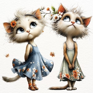 May include: Two cartoon cats with large blue eyes, wearing dresses and floral headbands. One cat is in a blue dress with white and orange flowers, the other in a green dress with orange flowers. The cats are standing on a white background.