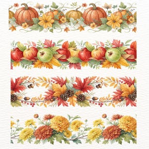 May include: Watercolor illustrations of autumn-themed borders. The designs feature pumpkins, apples, maple leaves, acorns, pine cones, and chrysanthemums in vibrant fall colors. Perfect for seasonal crafts and decorations.