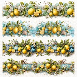 May include: Watercolour illustrations featuring lemon branches with yellow lemons, white blossoms, and green leaves. The designs incorporate decorative elements such as seashells, blue vases, and ornate borders, ideal for crafting.