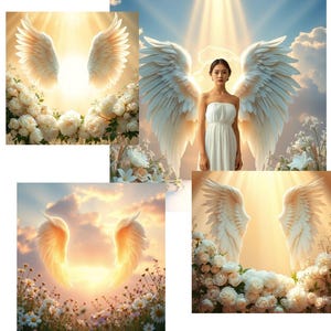 Fondo de alas de ángel celestial, fondo digital conmemorativo, fondo de cielo angelical, diseño de tributo al cielo, descarga digital