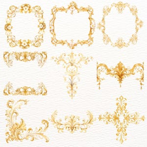 53 goldene Barockrahmen und -elemente PNG | Vintage verzierte Grenzen Clipart | Vintage Gold Elemente, Luxus-Rahmen Clipart, elegante Goldrollen,