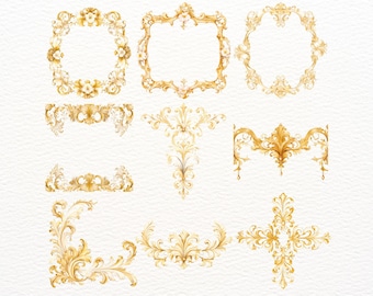 53 Gold Baroque Frames and Elements PNG | Vintage Ornate Borders Clipart |vintage gold elements, luxury frame clipart, elegant gold scrolls,