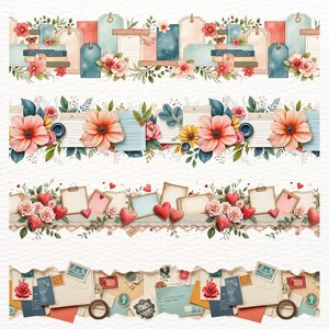 Könnte beinhalten: Aquarellillustrationen von dekorativen Bordüren mit Blumenarrangements, Etiketten, Herzen und Vintage-Ephemera. Die Designs beinhalten sanfte Farben wie Rosa, Blau und Pfirsich, mit detaillierten botanischen Elementen und romantischen Themen.