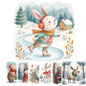 23 grillige kerstbosdieren, aquarel clipart | Vakantie dierenillustraties | Afdrukbare kerstkaarten | Beer, konijn, vos, hert, wolf