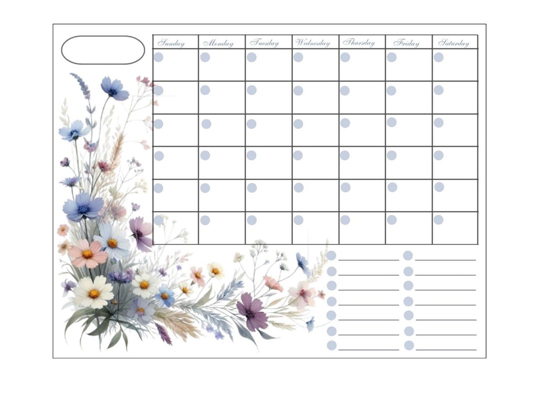Printable Monthly Planner With Wildflowers | Monthly Calendar With Open ...
