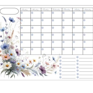 May include: A printable weekly planner with a floral design featuring blue, purple, and pink flowers. The planner has a space for each day of the week, Sunday through Saturday, and a notes section at the bottom.