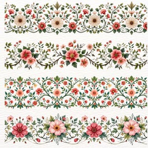 May include: Four floral border designs featuring a variety of flowers in shades of pink, red, and cream, with green leaves and vines. The borders are arranged horizontally against a white background, showcasing intricate floral patterns.