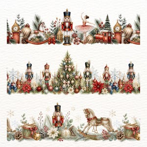 Könnte beinhalten: Ein digitales Illustrationsset mit drei horizontalen Bordüren im Weihnachtsthema. Die Motive zeigen Nussknacker, eine Ballerina, ein Schaukelpferd, einen geschmückten Tannenbaum, rote Züge, Trommeln, Weihnachtssterne und goldene Ornamente.