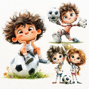 May include: A digital illustration featuring three cartoon characters with brown hair playing football. One character sits on a large football, another jumps while holding a ball, and two others stand together holding a gold trophy and a football.
